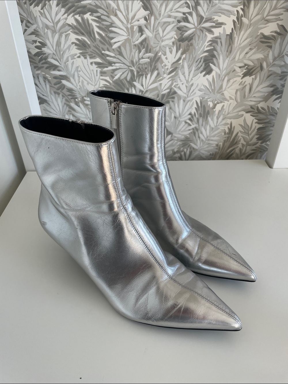 Zara Silver Pointed-Toe Ankle Boots EUR 39